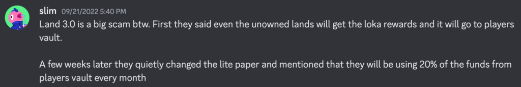 Some criticism in Discord for giving LOKA rewards to unowned Land